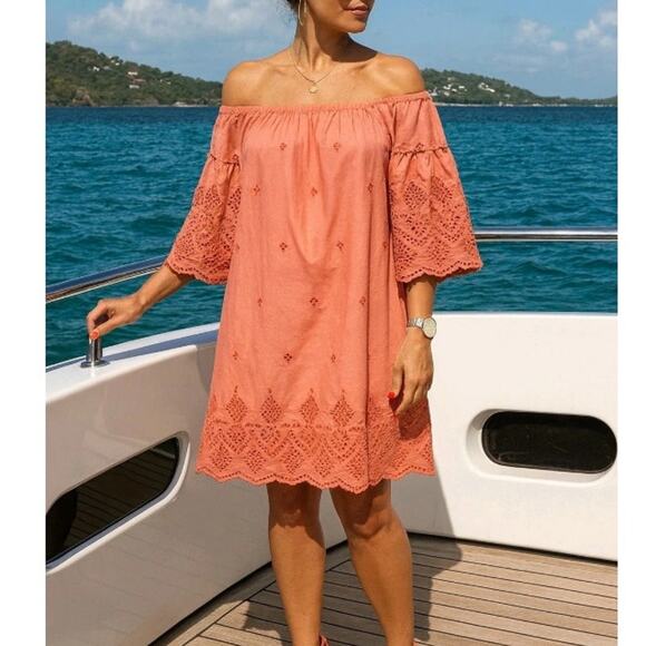 St. John’s Bay Women’s Cotton Dress Peach Eyelet Embroidery Off Shoulder Size L - Picture 1 of 7